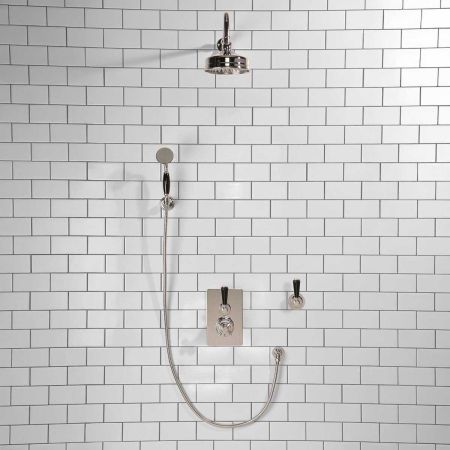 Calder Concealed Shower Valve Kit 6" Rose with Diverter and Hook Mount Black Lever Chrome Plated