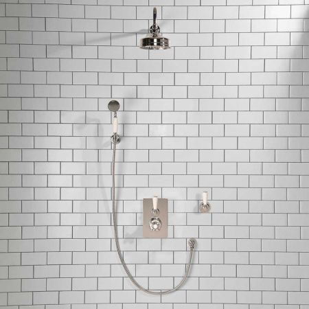 Calder Concealed Shower Valve Kit 6" Rose with Diverter and Hook Mount White Lever Chrome Plated