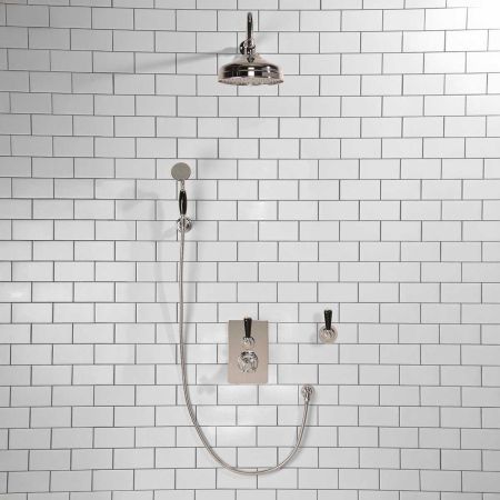 Calder Concealed Shower Valve Kit 8" or 6" Rose with Diverter and Hook Mount Black Lever