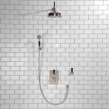 Calder Concealed Shower Valve Kit 8" Rose with Diverter and Hook Mount Black Lever Chrome Plated