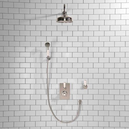 Calder Concealed Shower Valve Kit 8" or 6" Rose with Diverter and Hook Mount White Lever