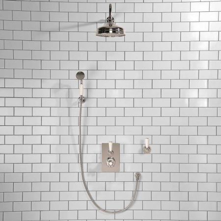 Calder Concealed Shower Valve Kit 8" Rose with Diverter and Hook Mount White Lever Chrome Plated