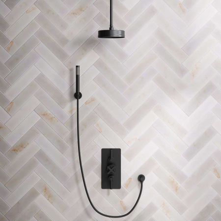 Elbe Dual Outlet Shower Kit - Concealed Valve - Brushed Brass Lever - Handshower Hook - Ceiling Mounted Rose - Brushed Brass