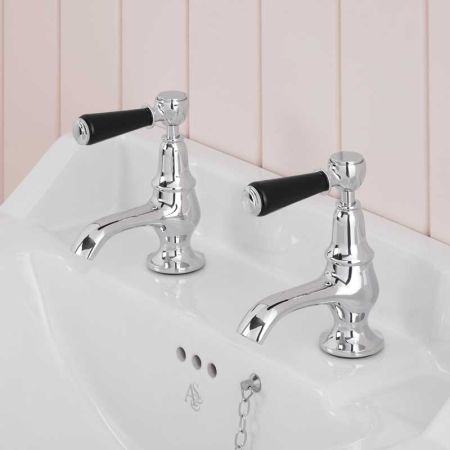 Linton 1/2BSP Basin Pillar Taps Black Lever Chrome