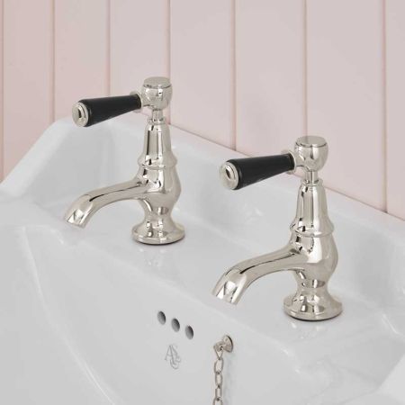 Linton 1/2BSP Basin Pillar Taps Black Lever Nickel