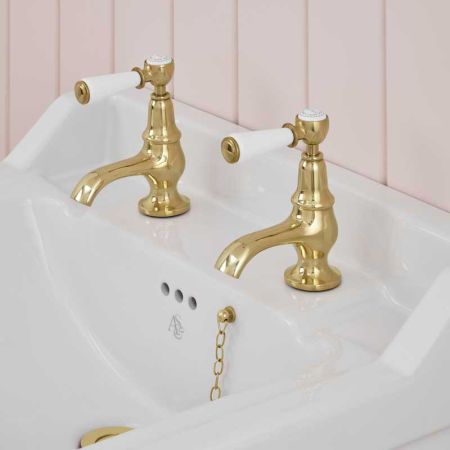 Linton 1/2BSP Basin Pillar Taps White Lever Polished Brass
