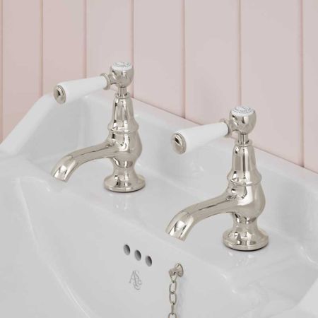 Linton 1/2BSP Basin Pillar Taps White Lever Nickel