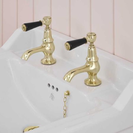 Linton 1/2BSP Basin Pillar Taps Black Lever Timeless Brass