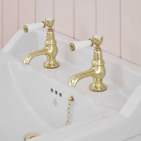 Linton 1/2BSP Basin Pillar Taps White Lever Timeless Brass