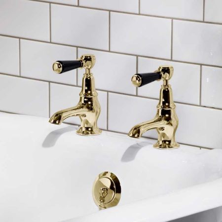 Linton Black Lever 3/4 BSP Bath Pillar Taps Timeless Brass