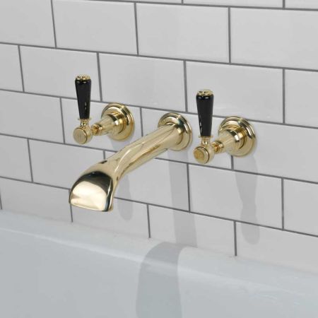 Linton - 3-Hole Bath Filler - Wall Mounted - Black Lever - Timeless Brass