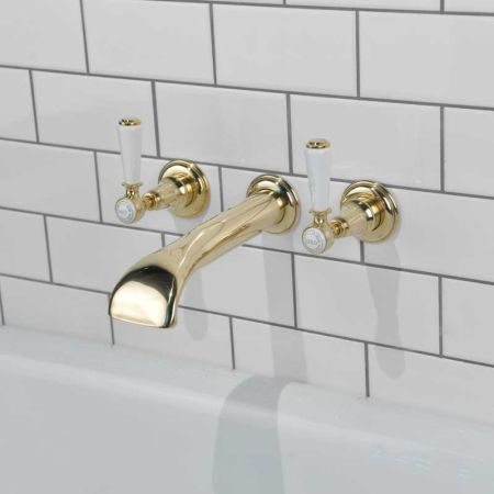 Linton - 3-Hole Bath Filler - Wall Mounted - White Lever - Timeless Brass
