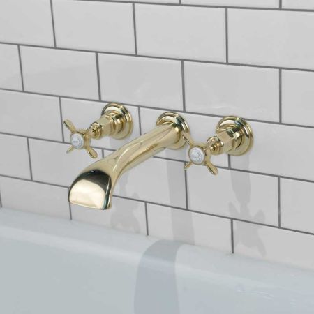 Aysgarth - 3-Hole Bath Filler - Wall Mounted - X-Top - Timeless Brass