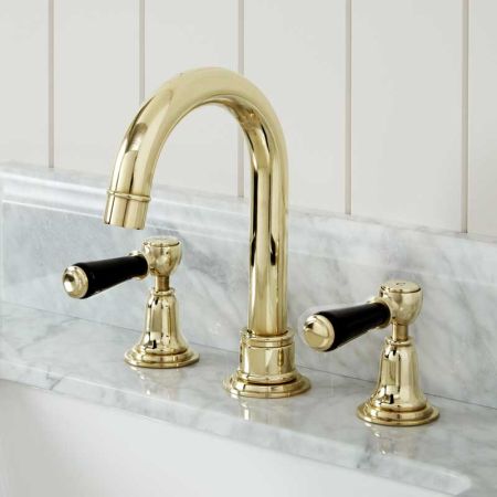 Linton 3 Hole Basin Mixer - Swan Neck Spout - Black Lever - Gold Finish