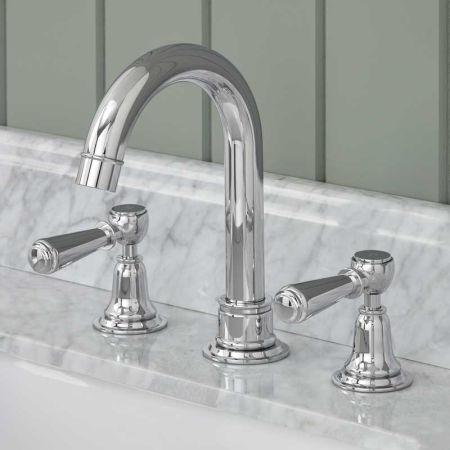 Linton 3 Hole Basin Mixer - Swan Neck Spout - Metal Lever - Chrome Finish
