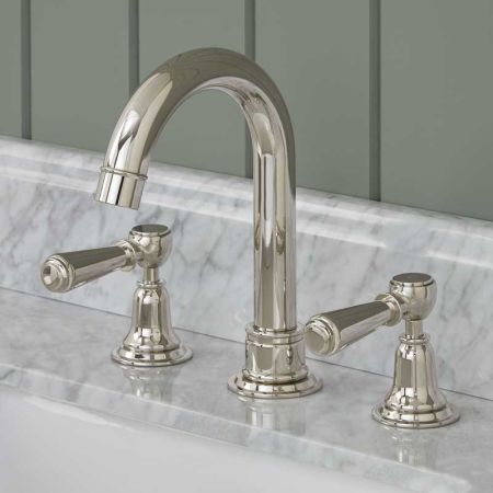 Linton 3 Hole Basin Mixer - Swan Neck Spout - Metal Lever - Polished Nickel Finish