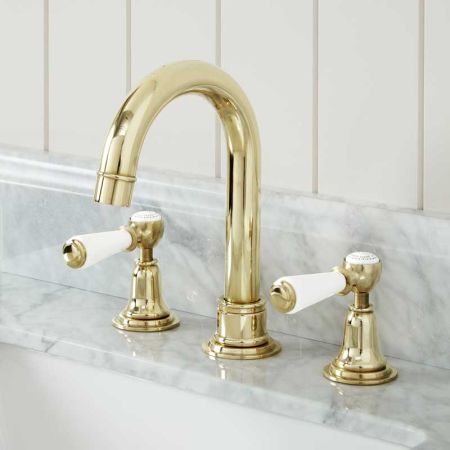 Linton 3 Hole Basin Mixer - Swan Neck Spout - White Lever - Gold Finish