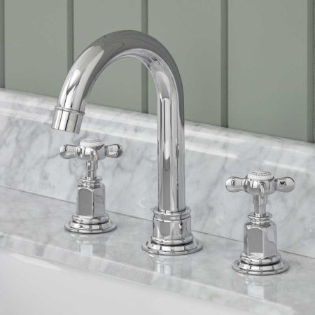 Aysgarth 3 Hole Basin Mixer - Swan Neck Spout - Crosshead - Chrome Finish
