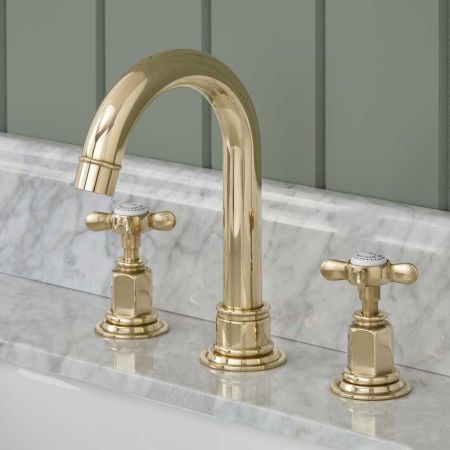 Aysgarth 3 Hole Basin Mixer - Swan Neck Spout - Crosshead - Gold Finish