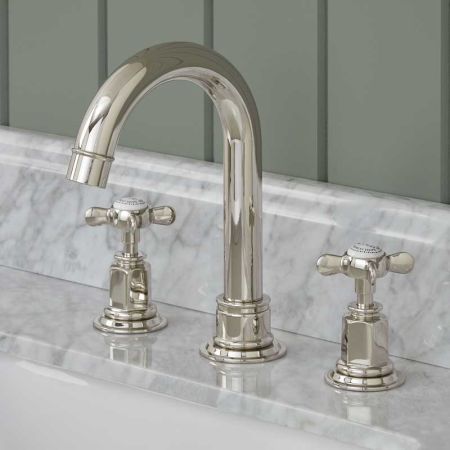 Aysgarth 3 Hole Basin Mixer - Swan Neck Spout - Crosshead - Polished Nickel Finish