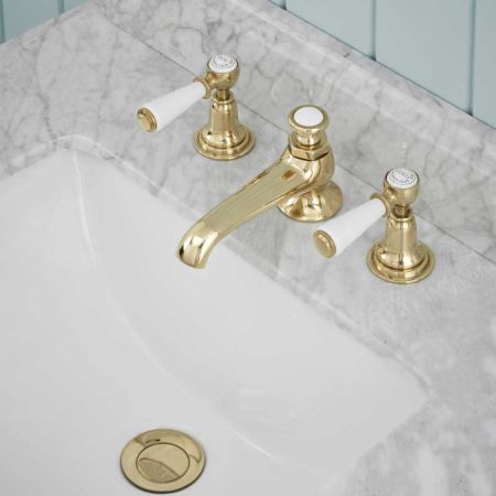Linton White Lever 3 Hole Basin Mixer C/W Pop Up Waste Gold