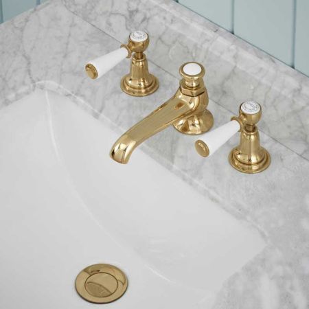 Linton White Lever 3 Hole Basin Mixer C/W Pop Up Waste Brass
