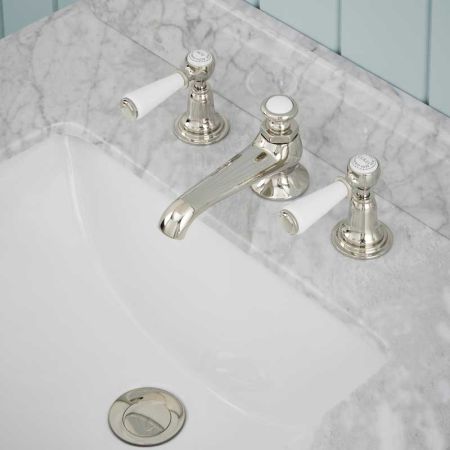 Linton White Lever 3 Hole Basin Mixer C/W Pop Up Waste Nickel