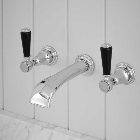 Linton - 3-Hole Basin Mixer - Wall Mounted - Black Lever - Chrome