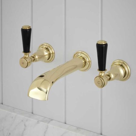 Linton - 3-Hole Basin Mixer - Wall Mounted - Black Lever - Gold