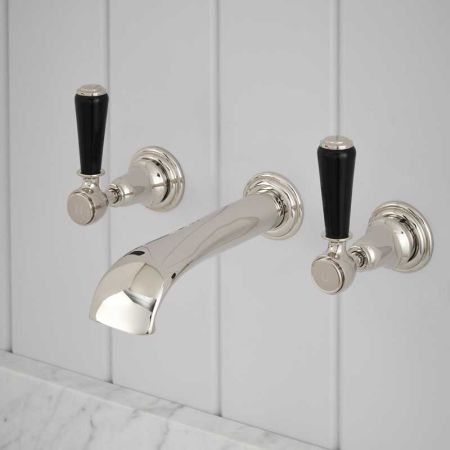 Linton - 3-Hole Basin Mixer - Wall Mounted - Black Lever - Nickel