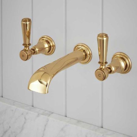 Linton - 3-Hole Basin Mixer - Wall Mounted - Metal Lever - Brass