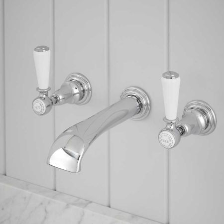 Linton - 3-Hole Basin Mixer - Wall Mounted - White Lever - Chrome
