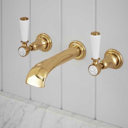 Linton - 3-Hole Basin Mixer - Wall Mounted - White Lever - Brass
