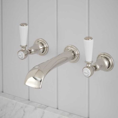 Linton - 3-Hole Basin Mixer - Wall Mounted - White Lever