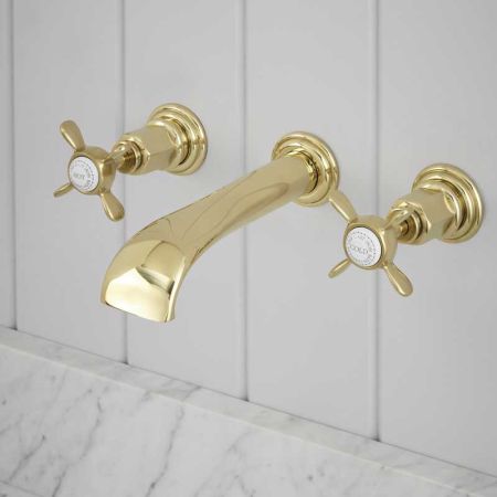 Aysgarth - 3-Hole Basin Mixer - Wall Mounted - X-Top - Timeless Brass