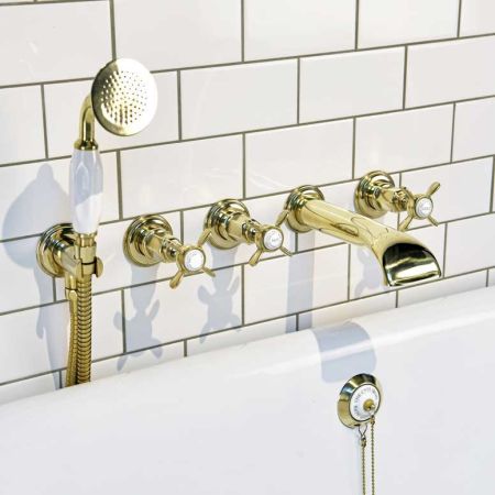 Aysgarth 5-Hole - Wall Mounted - Bath Shower Mixer - X Top - Timeless Brass