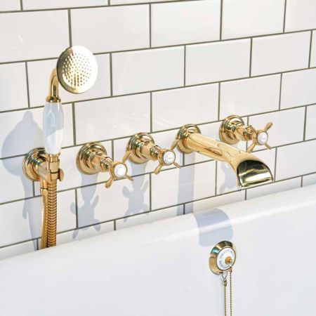 Aysgarth 5-Hole - Wall Mounted - Bath Shower Mixer - X Top - Polished Brass