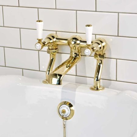 Linton Bath Filler Tap White Lever Timeless Brass 3/4BSP