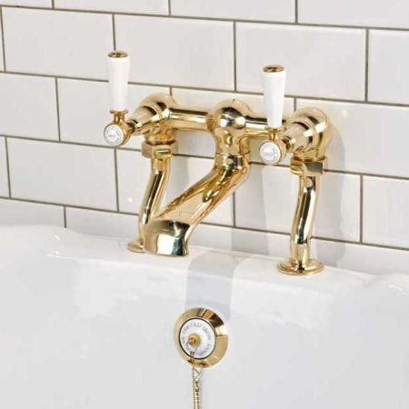 Linton Bath Filler Tap White Lever Living Brass 3/4BSP