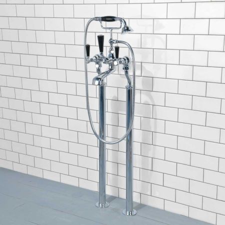 Linton Bath Shower Mixer with Standpipes Black Lever Chrome 3/4BSP (For Baths Without Tap Holes Only)