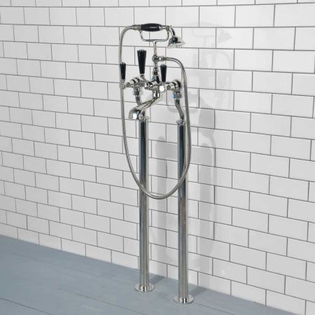 Linton Bath Shower Mixer with Standpipes Black Lever Polished Nickel 3/4BSP (For Baths Without Tap Holes Only)