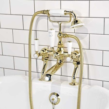 Linton Bath Shower Mixer White Lever Gold 3/4BSP