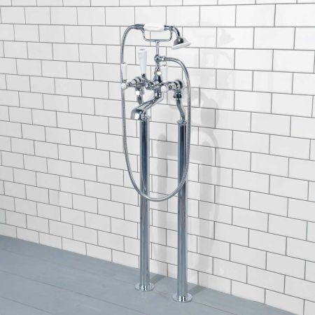 Linton Bath Shower Mixer with Standpipes White Lever Chrome 3/4BSP (For Baths Without Tap Holes Only)