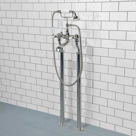 Linton Bath Shower Mixer with Standpipes White Lever Nickel 3/4BSP (For Baths Without Tap Holes Only)