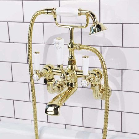 Linton Bath Shower Mixer Wall Mounted White Lever Timeless Brass 3/4BSP