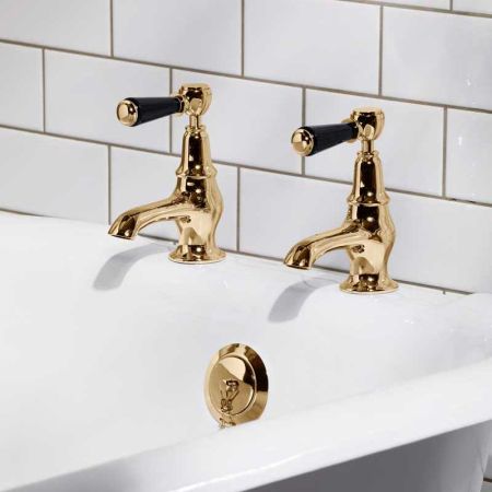 Linton Black Lever 3/4 BSP Bath Pillar Taps Polished Brass