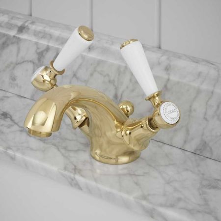 Linton White Lever Monobloc Basin Mixer Timeless Brass