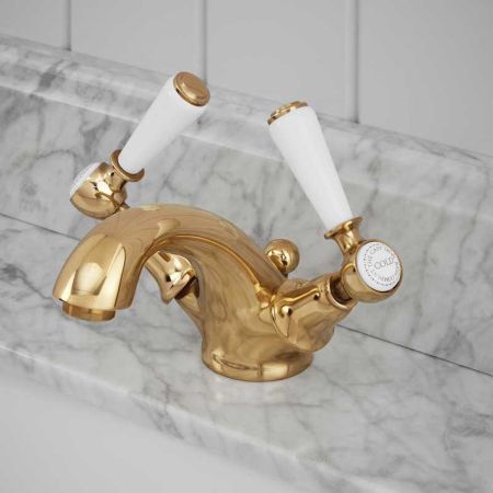 Linton White Lever Monobloc Basin Mixer Polished Brass