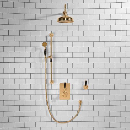 Calder Concealed Shower Valve Kit 8" Rose With Diverter Black Lever Polished Brass