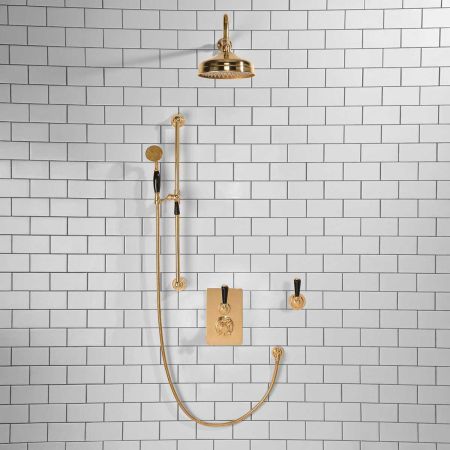 Calder Concealed Shower Valve Kit 8" Rose With Diverter Black Lever Polished Brass